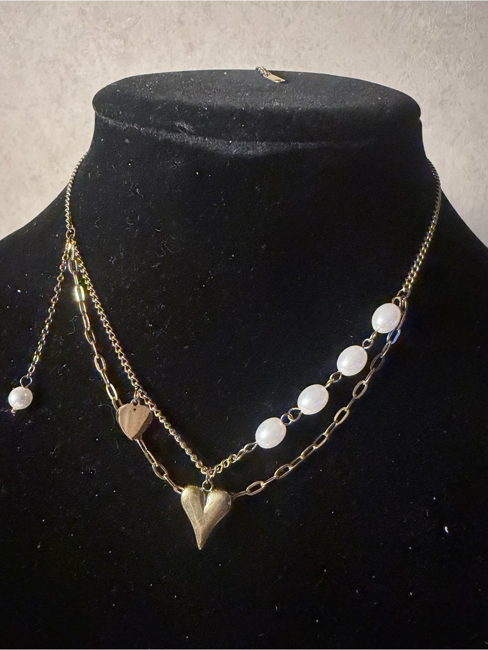 Gold-Tone Double Strand Heart & Pearl Necklace - Elegant Layered Women Jewelry